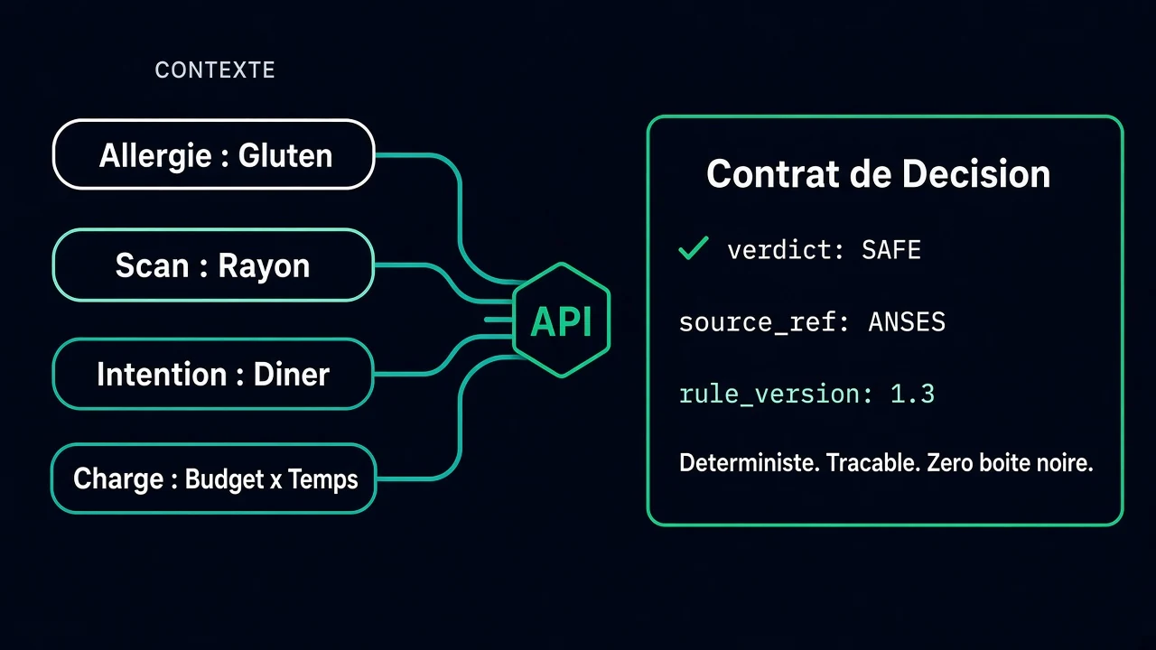 Quatre contextes (allergie, scan, intention, charge) orchestrés par l’API vers un Contrat de Décision ANSES — déterministe, traçable, zéro boîte noire
