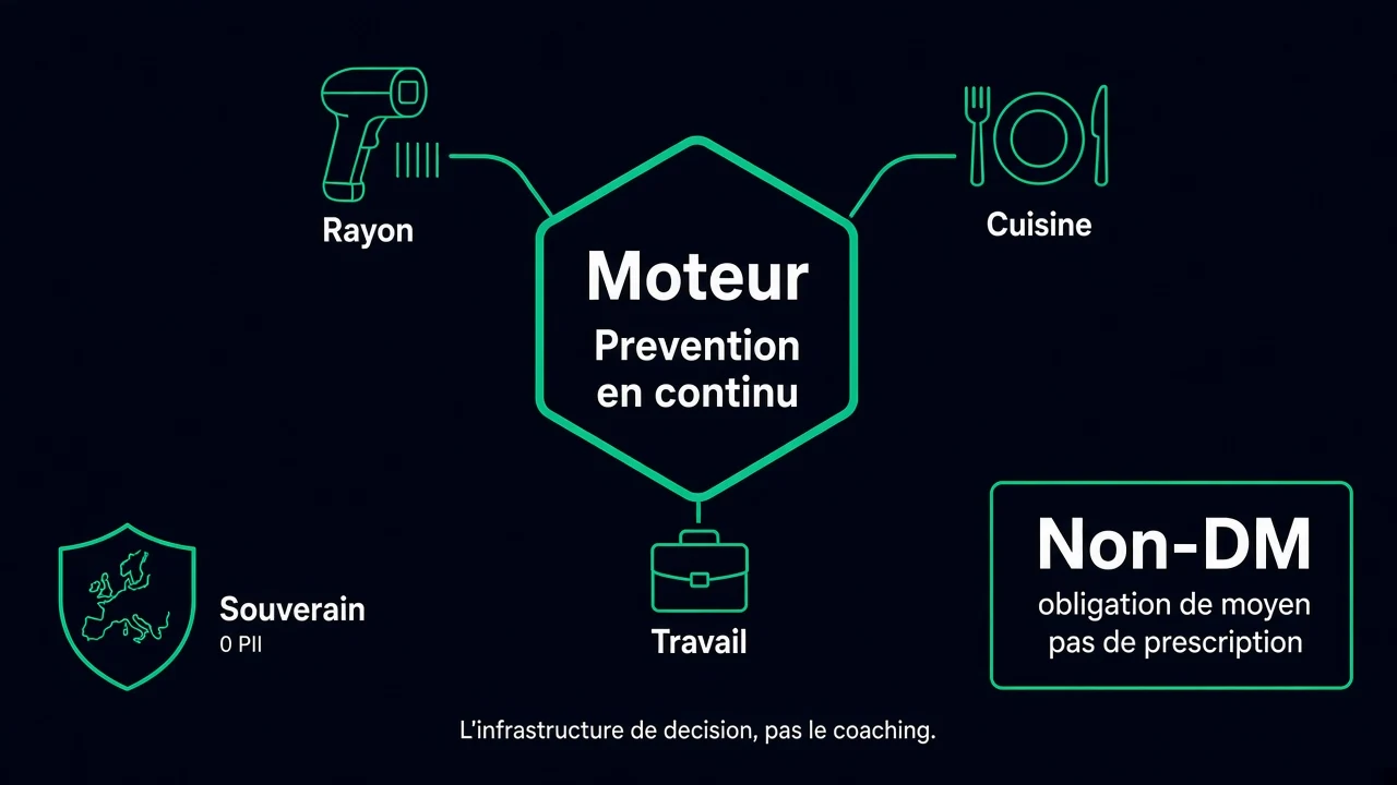 Moteur de prévention en continu dans l’IRL (rayon, cuisine, travail) — Non-DM, obligation de moyen, pas de prescription, souverain, 0 PII