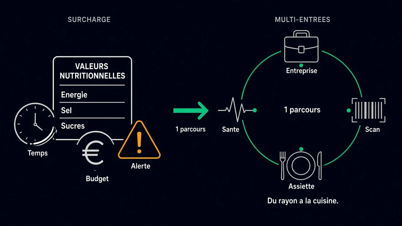 De la surcharge (valeurs nutritionnelles, temps, budget, alerte) vers un parcours unique multi-entrées : entreprise, scan, assiette, santé — du rayon à la cuisine